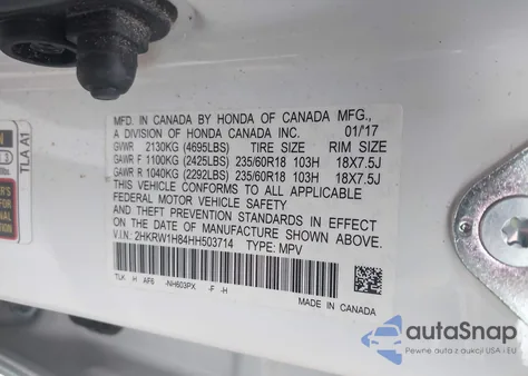 2017 Honda Cr-V Ex-L/Ex-L Navi from USA, damaged, VIN 2HKRW1H84HH503714